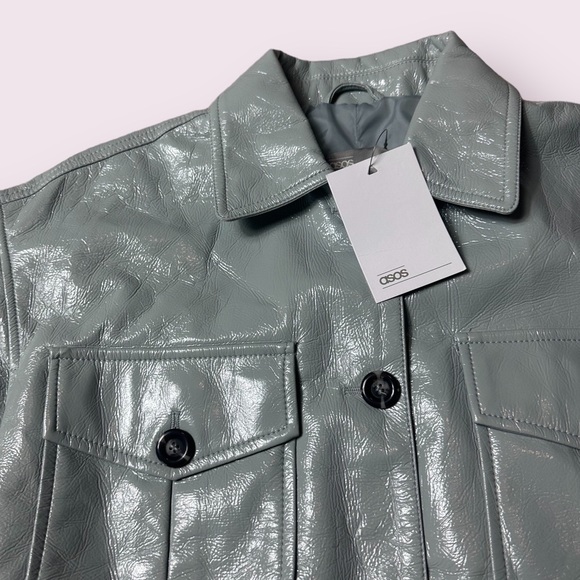 NWT Women’s ASOS Vinyl Tie Waist Light Grey Button Front Jacket With Belt Size 0 - Picture 6 of 13